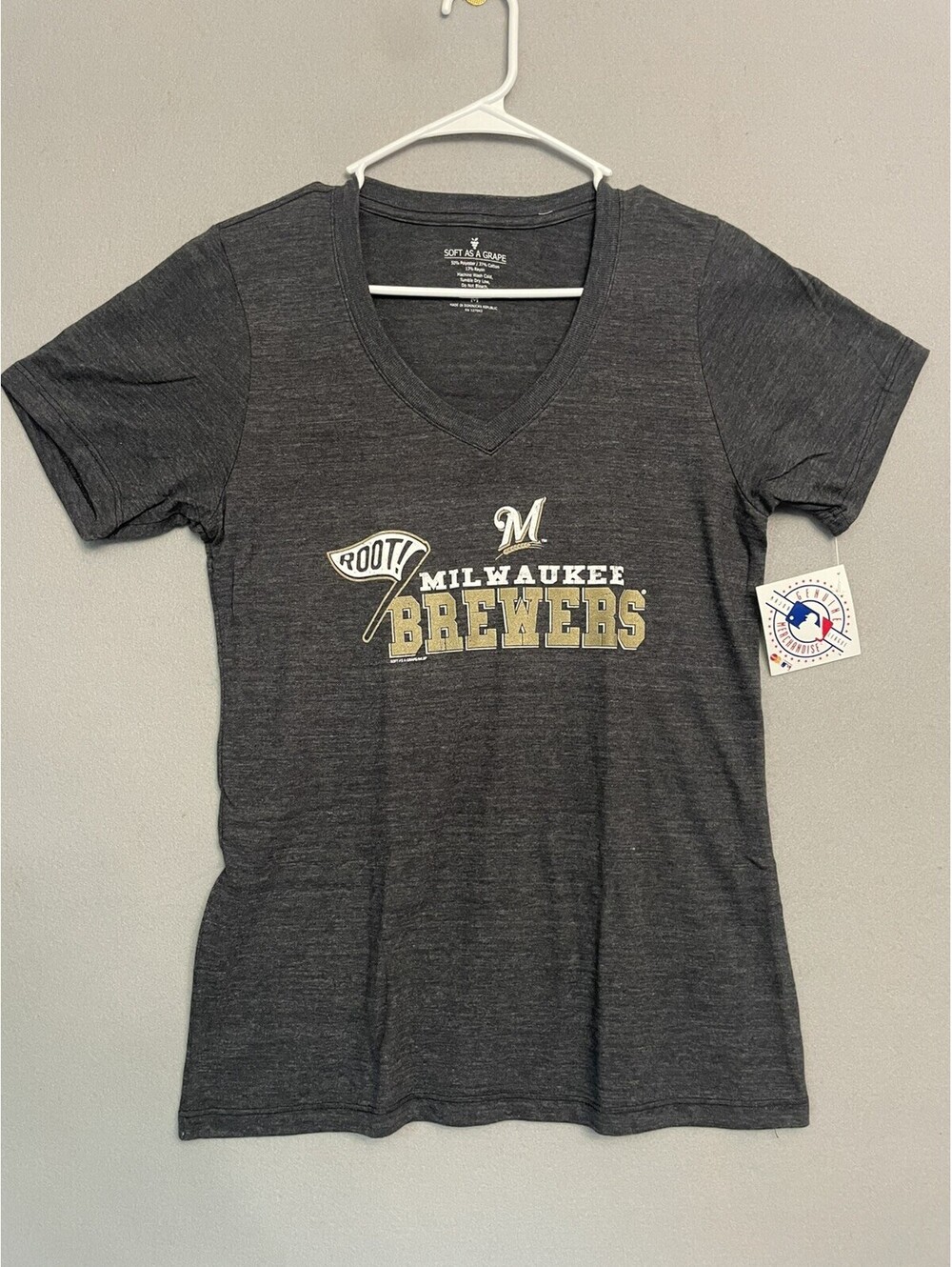 Milwaukee Brewers-Root-Womens Gray Tri-Blend V-Neck T-Shirt Size M-
